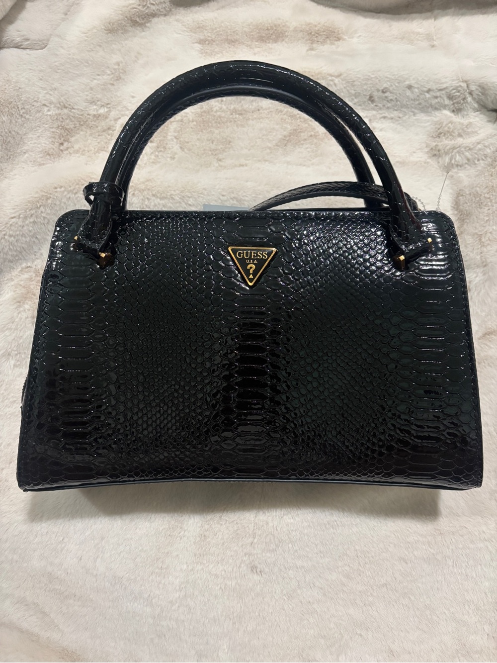GUESS Black Glossy Faux-Snake Top Handle Satchel with Gold Logo